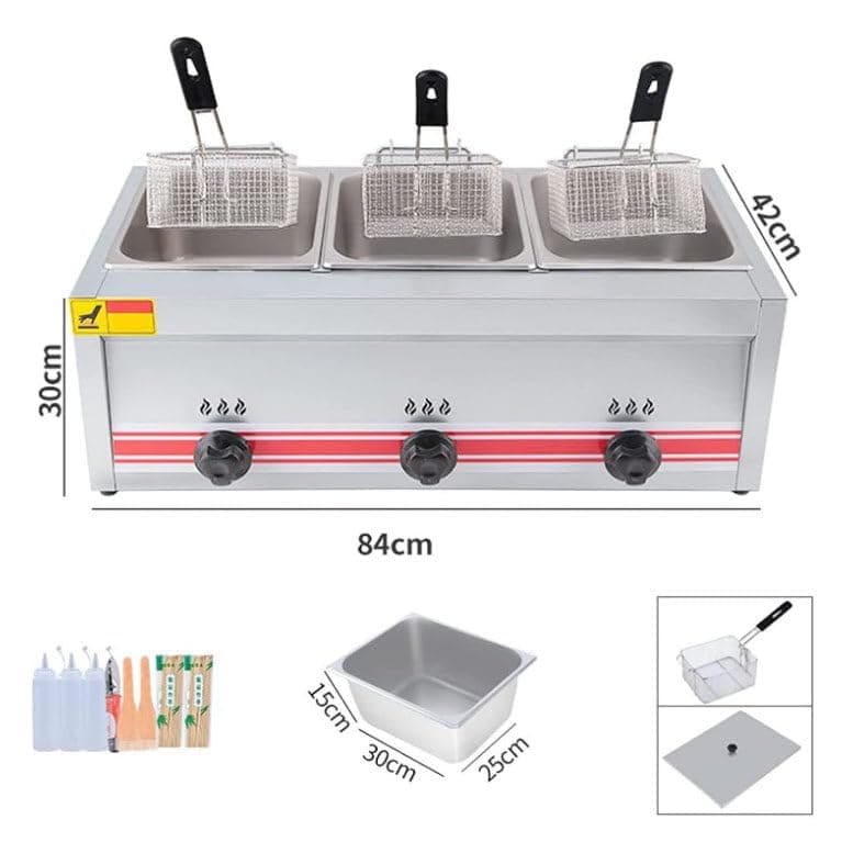 Friteuse à Gaz GPL En Acier Inoxydable Commerciale, Professionnelle Friteuse à Gaz Avec Panier Et Couvercle, Puissance De Feu Réglable Adaptée Au Poulet Frit Et Aux,Triplecylinder10L+10L+10L - 3