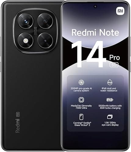 XIAOMI Redmi Note 14 Pro 5G smartphone, 12+512GB, Black, 200MP pro-grade AI camera, IP68, 45W turbo charging with 5110mAh battery, AI features (charger not included)