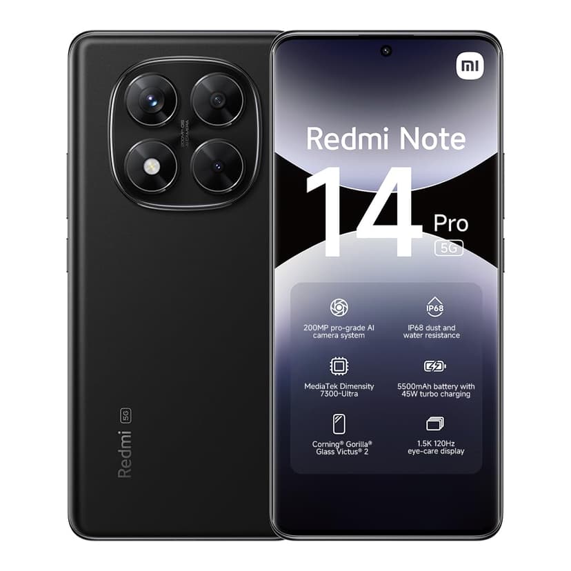XIAOMI Redmi Note 14 Pro 5G smartphone, 12+512GB, Black, 200MP pro-grade AI camera, IP68, 45W turbo charging with 5110mAh battery, AI features (charger not included) - 1