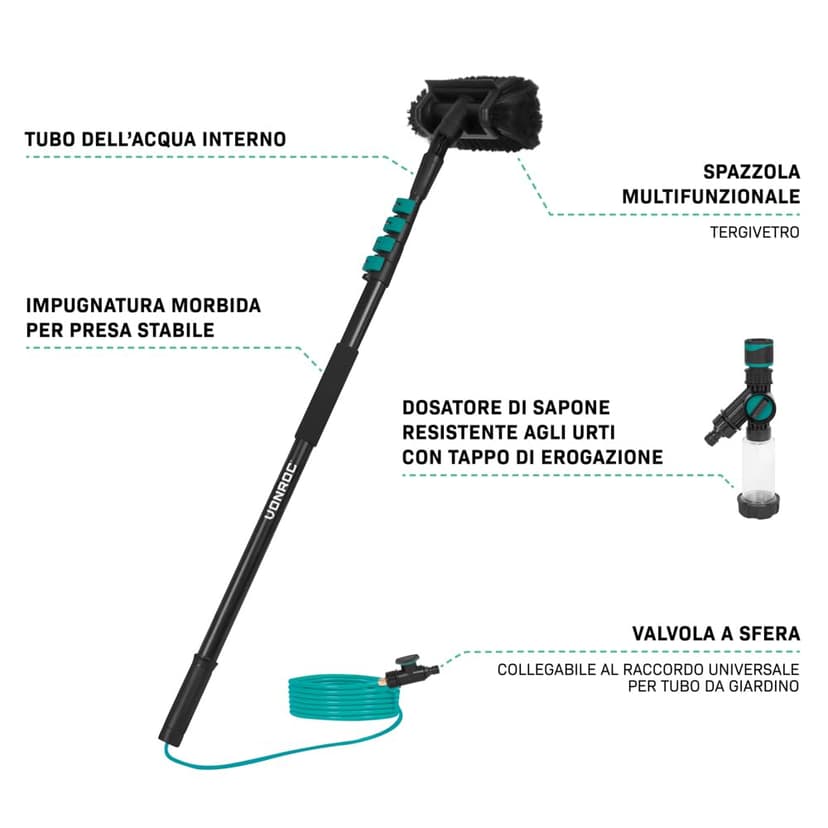 VONROC Window Cleaner with Telescopic Rod 4.6 m - Car Wash Brush with Handle, Professional Window Wiper with Washing Brush for Windows, Solar System - Includes Brush, Hose, Soap Dispenser - 4