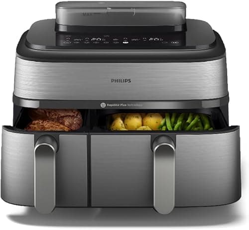 Philips Steam Airfryer 5000 Series Dual Basket - Airfryer & Steamer, 9 Litre, RapidAir Plus, 19 Cooking Functions, 90% Less Fat, 2 Baskets, Steam Cleaning, Silver (NA555/00)