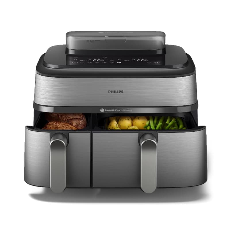 Philips Steam Airfryer 5000 Series Dual Basket - Airfryer & Steamer, 9 Litre, RapidAir Plus, 19 Cooking Functions, 90% Less Fat, 2 Baskets, Steam Cleaning, Silver (NA555/00) - 1
