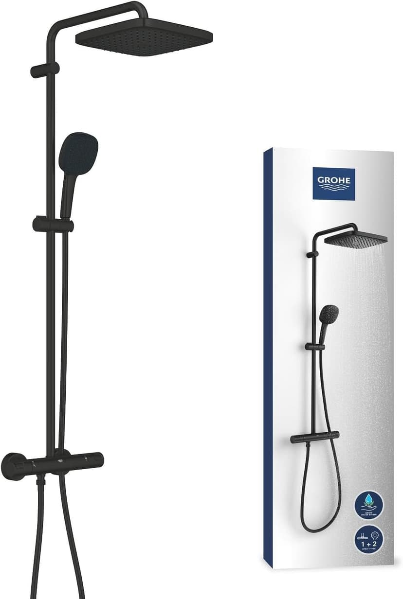 GROHE Vitalio Comfort 250 – Exposed Thermostatic Shower System with Aquadimmer Function (Square 25 cm Head Shower 1 Spray, 11 cm Hand Shower 2 Sprays, Hose 1.75 m, Water Saving), Matt Black, 266962431 - 1