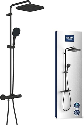 GROHE Vitalio Comfort 250 – Exposed Thermostatic Shower System with Aquadimmer Function (Square 25 cm Head Shower 1 Spray, 11 cm Hand Shower 2 Sprays, Hose 1.75 m, Water Saving), Matt Black, 266962431