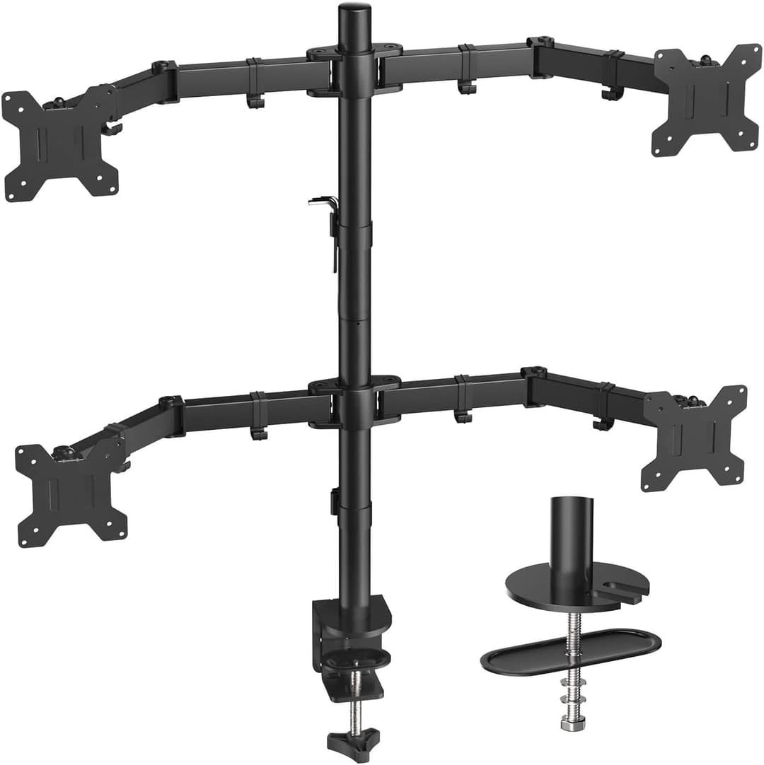 HUANUO Quad Computer Monitor Mount - Heavy Duty LCD Computer 4 Monitor Stand with Full Articulation, Fits Four Screens up to 27 Inches - Each Arm Holds up to 10kg, VESA 75x75-100x100mm Gaming
