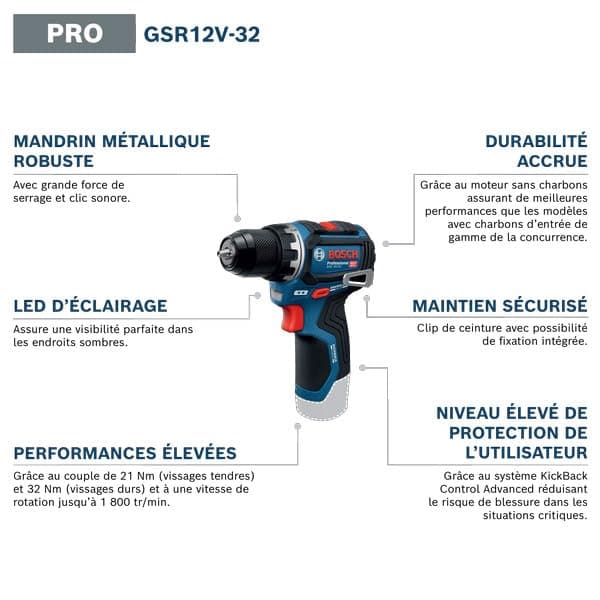 Bosch Professional perceuse-visseuse 12V sans-fil GSR 12V-32 (Advanced KickBack Control, moteur sans charbons, avec batterie 2,0 Ah, GAL 12V-20, accessoires, calage P&C, sac à outil) - 2