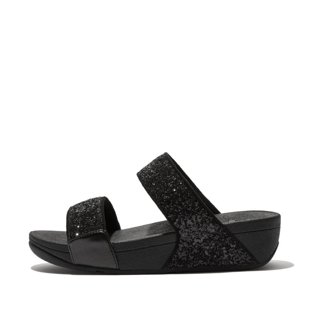 Fitflop Women's Lulu Glitter Slides, Summer Sandal - Lightweight & Comfortable with Natural Arch Support - Black Glitter - 6 UK