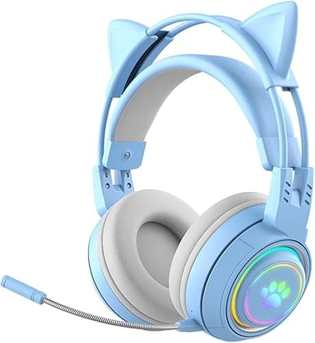 RGB Cat Ear Headphones,Bluetooth 5.3 Stereo Gaming Headset Over Ear Wireless Earphones with 50MM Driver/Detachable Mic/Elk Ears for Kids Adults