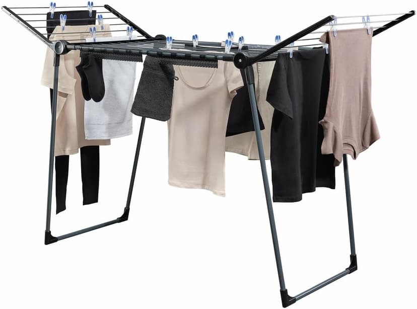 Leifheit Séchoir à linge Pegasus 180 Solid Black, séchoir sur pied Pliable Grande Surface d'étendage, Stable et inoxydable, étendoir linge Noir avec 2 Supports Petit Linge - 1