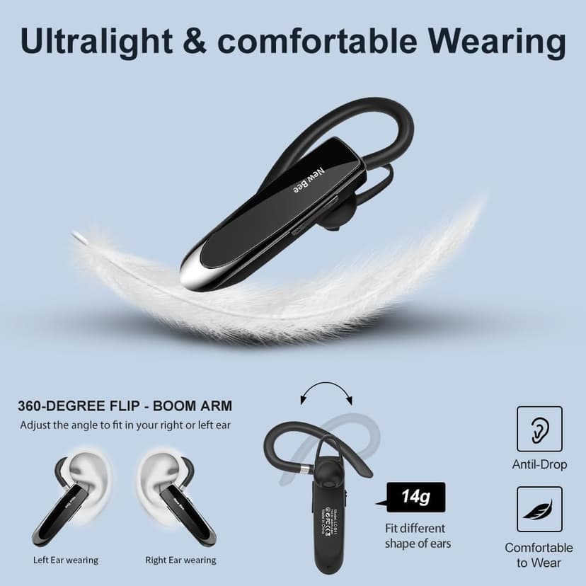 New Bee Main Libre Bluetooth Oreillette, Casque sans Fil Bluetooth avec Microphone 60 Jours en Veille Casque Mains Libres avec Microphone Casque pour iPhone Samsung, HTC, LG, Sony, PC (Noir) - 5