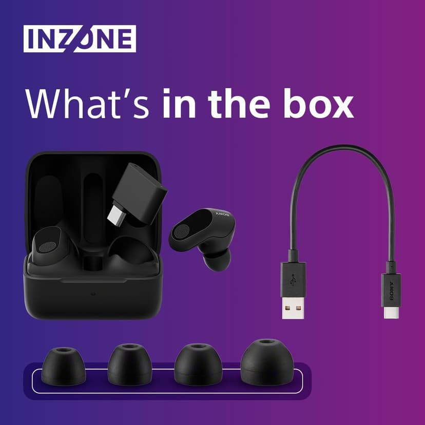 Sony INZONE Buds - True Wireless Gaming Earbuds, 360 Spatial Sound, Light Weight, Comfortable Fit, Active Noise Cancelling, AI Microphone, 24hr Battery, Low Latency Dongle, PC & PS5 Compatible - Black - 7