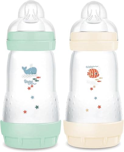 MAM | Lot de 2 biberons Easy Start Anti-Colique 2+ mois débit moyen (2 x 260 ml) Menthe + Coton – Biberon pour réduire les coliques et l'inconfort de bébé – Biberon bébé compatible avec l'allaitement