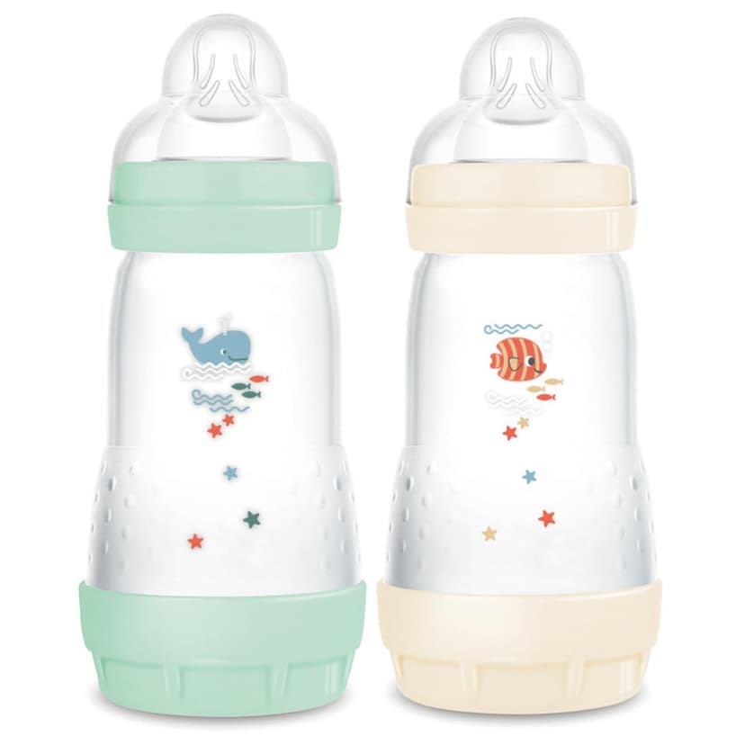 MAM | Lot de 2 biberons Easy Start Anti-Colique 2+ mois débit moyen (2 x 260 ml) Menthe + Coton – Biberon pour réduire les coliques et l'inconfort de bébé – Biberon bébé compatible avec l'allaitement - 1