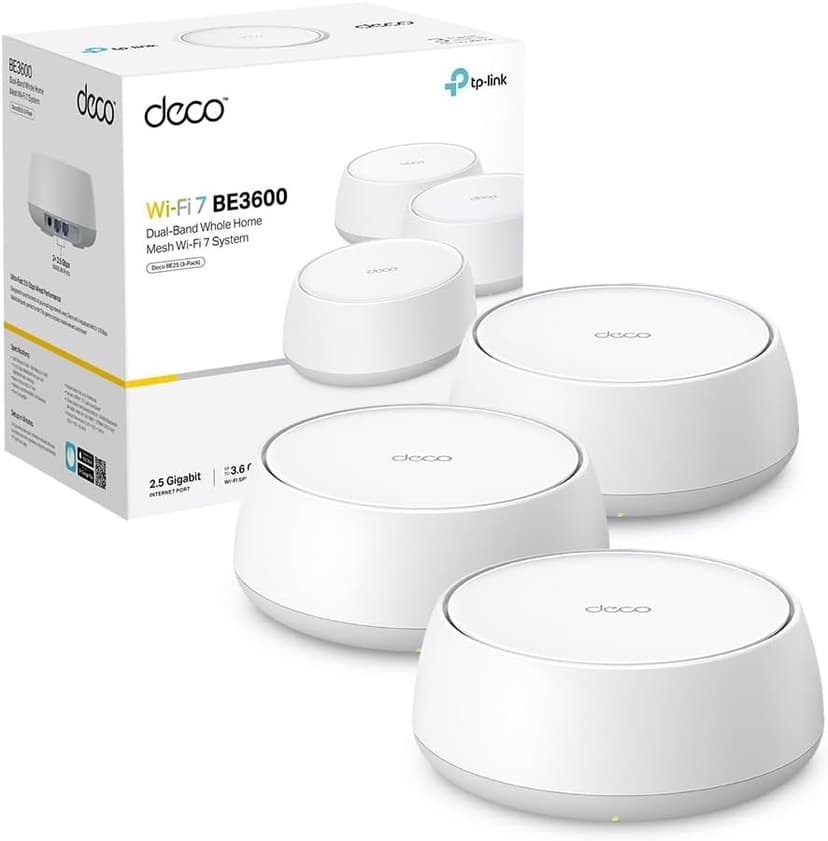 TP-Link Deco BE25(3-pack), BE3600 Mbps, 2×2.5 Gbps Ports, AI Supported Multi-Process Capability, Connectivity up to 150 Devices, VPN, WPA3, Dual-Band Wi-Fi 7 Mesh System - 1