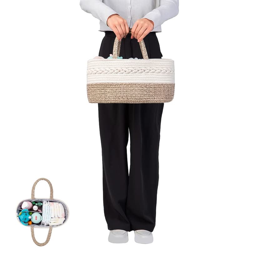 YEONHWA Boîte de rangement pour couches de bébé, panier de rangement en coton pour bébé en corde tissée, poignée portable avec grande boîte de rangement pour vestiaire, beige - 6