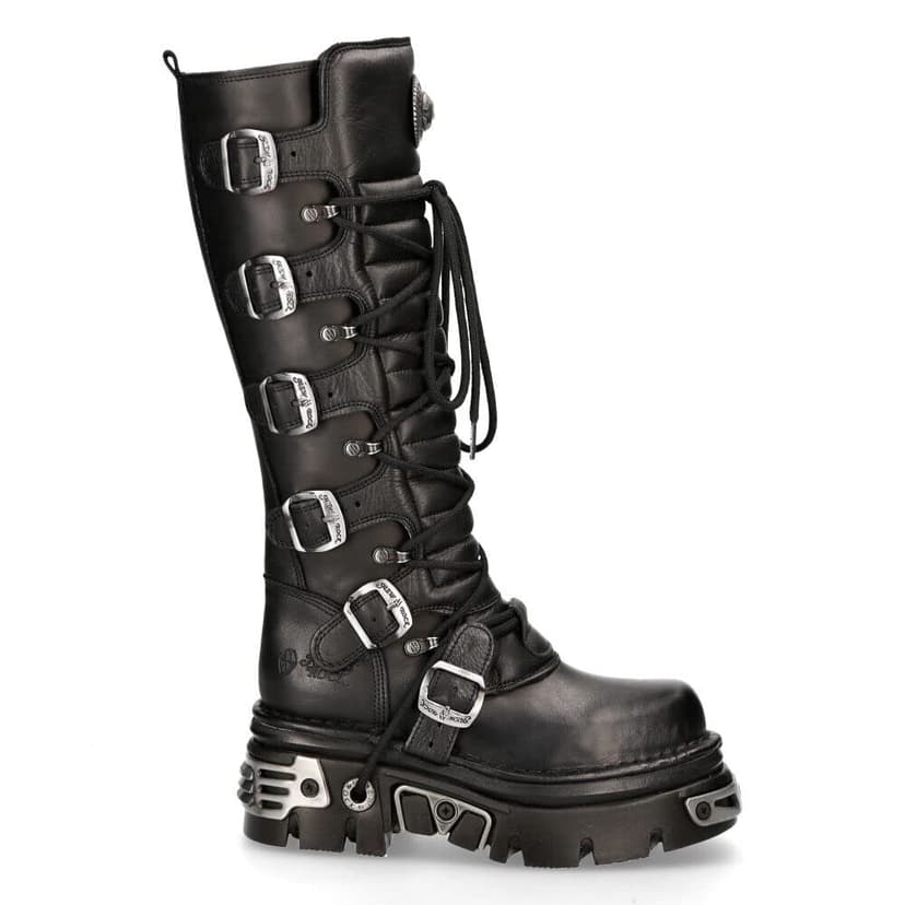 New Rock 272-S1 Bottes Hautes Gothiques Emo en Cuir Noir Métallisé Avec Lacet et Fermeture à Boucle 6.5 - 4