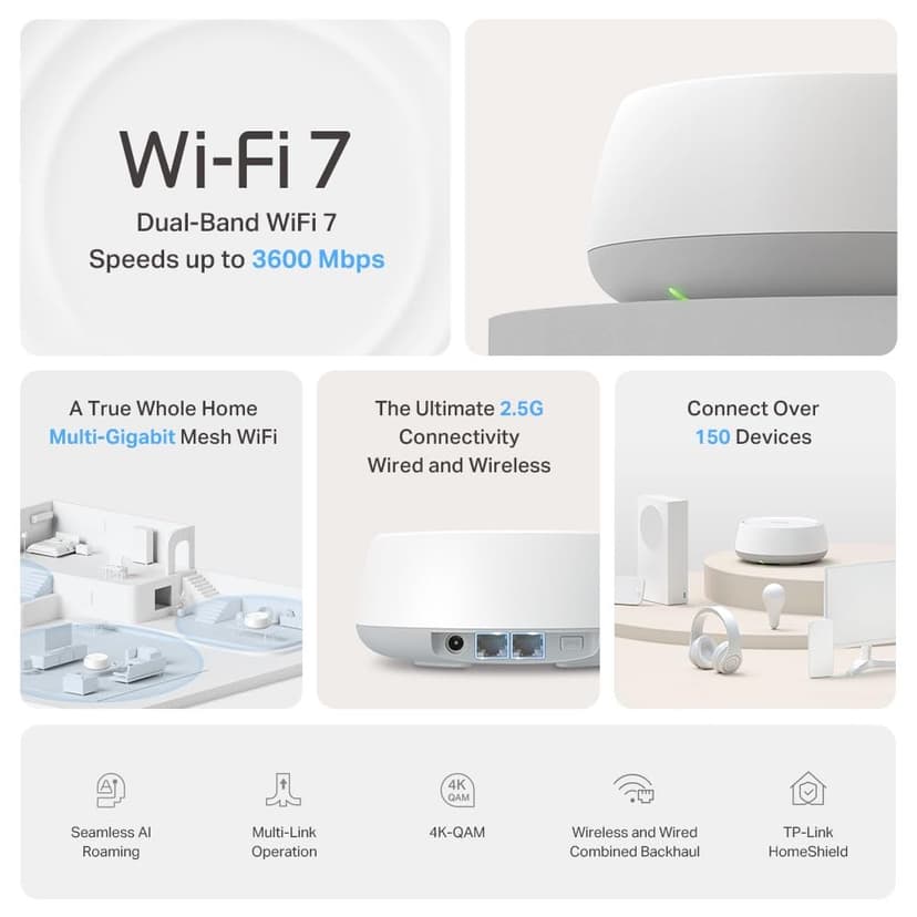 TP-Link Deco BE25(3-pack), BE3600 Mbps, 2×2.5 Gbps Ports, AI Supported Multi-Process Capability, Connectivity up to 150 Devices, VPN, WPA3, Dual-Band Wi-Fi 7 Mesh System - 3