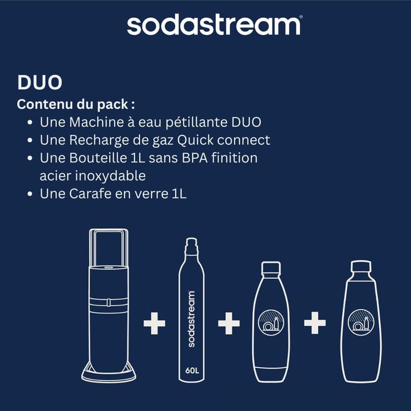 Sodastream Duo Sparkling Water and Soda Machine for Glass Jug | Pack of 1 Glass Jug 1L + 1 Bottle 1L Stainless Steel Finish Dishwasher + 1 60L Gas Refill Clip | Black - 4