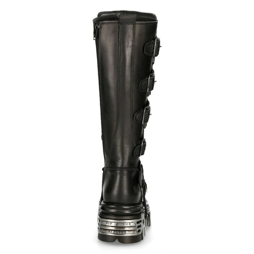 New Rock 272-S1 Bottes Hautes Gothiques Emo en Cuir Noir Métallisé Avec Lacet et Fermeture à Boucle 6.5 - 7