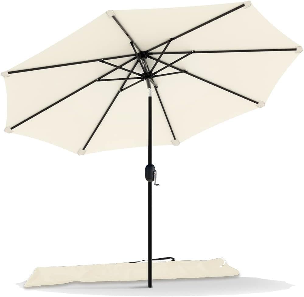 VOUNOT 2.7m Garden Parasol, Outdoor Table Tilting Patio Parasol Umbrella, with Crank Handle, Protective Cover, 8 Sturdy Ribs, Beige