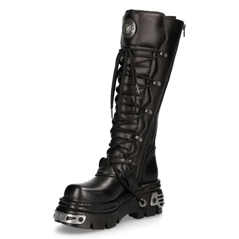New Rock 272-S1 Bottes Hautes Gothiques Emo en Cuir Noir Métallisé Avec Lacet et Fermeture à Boucle 6.5 - 6