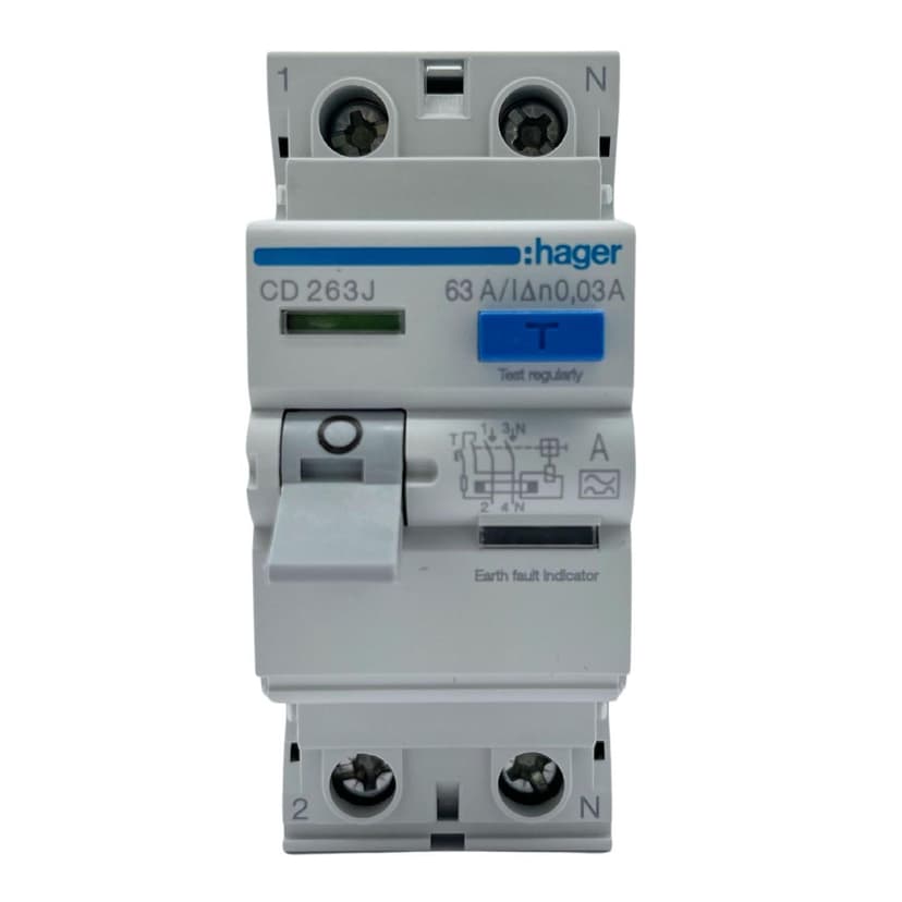 CD263J Hager Differential Switch 63A Type A 30mA Bipolar - Aligned Terminals - 8