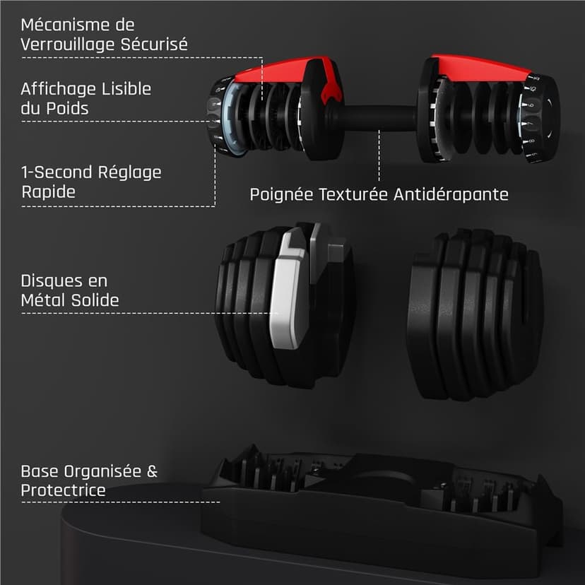 Yaheetech Haltères Réglables 2,5 à 24 kg 15 en 1 avec Base de Rangement, Système de Verrouillage de Sécurité, Poignée Antidérapante pour Entraînement à Domicile, Salle de Sport - 7