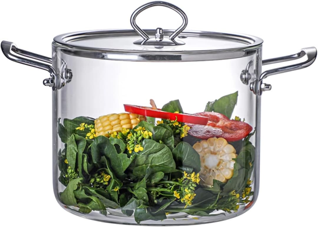 Casserole en Verre avec Couvercle, 4.5L Marmites Résistant à la Chaleur Pot pour Cuisine Transparent Marmite avec Poignées Doubles en Acier Inoxydable pour Pâtes, Nouilles, Soupe, Lait, Thé et Salade