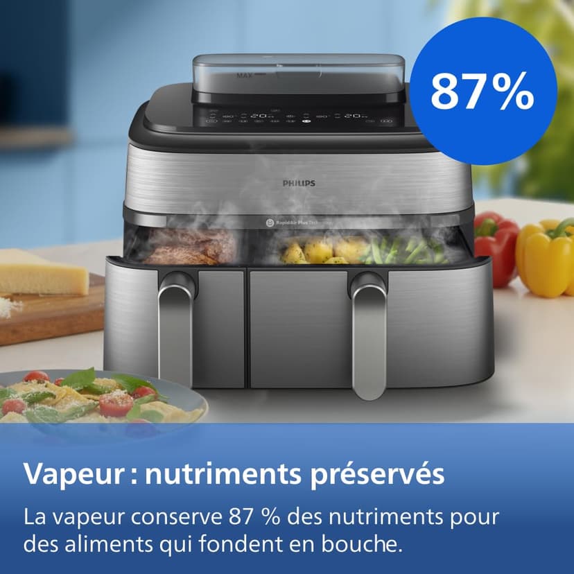 Philips Airfryer Série 5000 - Air Fryer double panier avec cuisson vapeur, 9L, RapidAir, 19 modes de cuisson, jusqu'à 90% de matières grasses en moins, AirSteam, nettoyage vapeur, HomeID (NA555/00) - 8