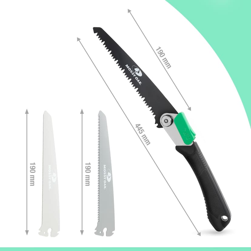 Mossy Oak Pruning Saw, Folding Hand Saw with Secure Lock, 3 Blades Made of Cr-V and 65Mn, for Wood, Bone, PVC, Tree Pruning, Camping, Hunting, Non-Ferrous Metal, Solid TPR Soft Grip and Portable Pouch - 2