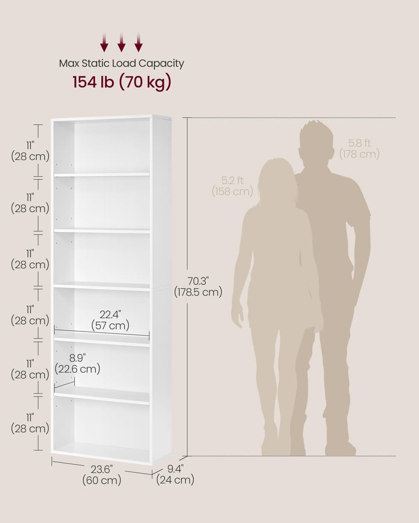 VASAGLE Bookcase, 6-Tier Bookshelf, Open Storage Shelf, Shelving Unit, 24 x 60 x 178.5 cm, for Living Room, Home Office, Dinning Room, Cloud White LBC169T14 - 5