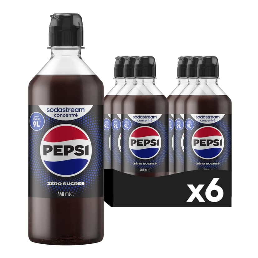Sodastream - Set of 6 x Pepsi Max concentrates, sugar-free, 100% original flavour, with measuring cap, 6 x 440 ml. - 1