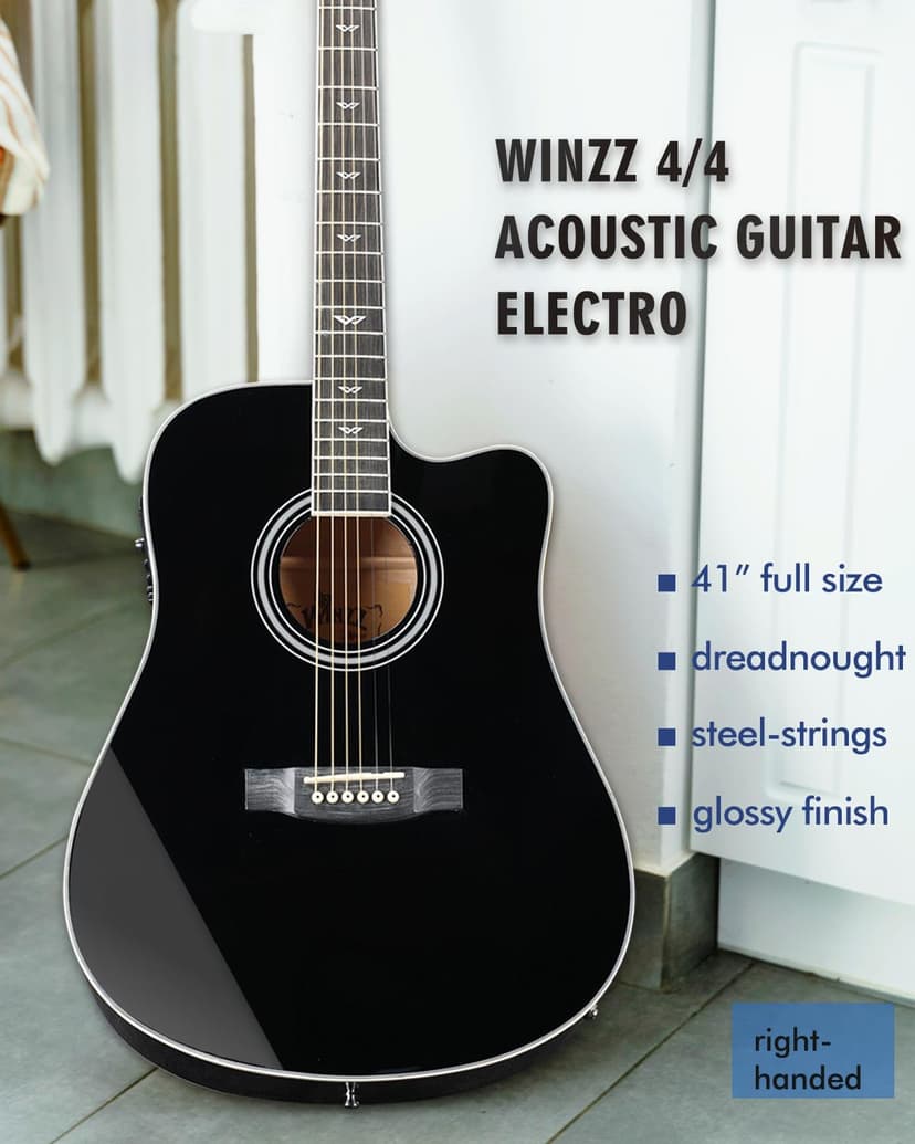 Winzz 4/4 Electro-Acoustic Guitar, Western Guitar Set for Adults and Beginners, Acoustic Guitar 41 Inch with 4-Band Equaliser (Dreadnought, Glossy, Black) - 2