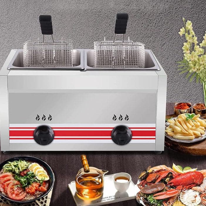Friteuse à Gaz GPL En Acier Inoxydable Commerciale, Professionnelle Friteuse à Gaz Avec Panier Et Couvercle, Puissance De Feu Réglable Adaptée Au Poulet Frit Et Aux,Triplecylinder10L+10L+10L - 2