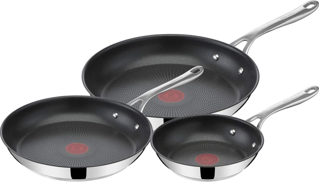 Tefal Jamie Oliver - Set di 3 padelle da 20/24/28 cm, antiaderenti, rivestimento in titanio, senza PFOA, lavabile in lavastoviglie e forno, in acciaio inox