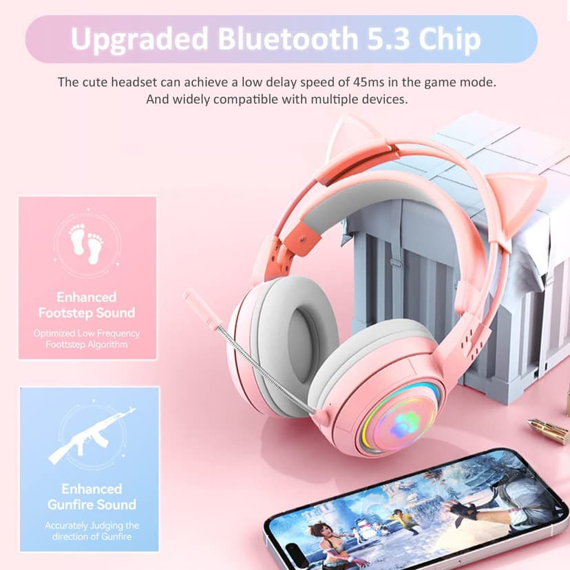 RGB Cat Ear Headphones,Bluetooth 5.3 Stereo Gaming Headset Over Ear Wireless Earphones with 50MM Driver/Detachable Mic/Elk Ears for Kids Adults - 3
