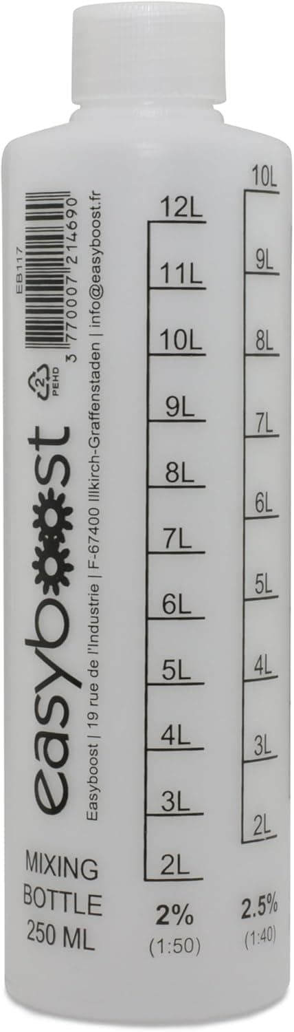 Easyboost 2 Stroke Oil Fuel Mixing Bottle with Cap 1:50-1:40-1:33-1:25-1:20-1:17 250ml Petrol Gas Measuring Jug for Motorcycle Scooter Vespa Quad Brush Cutter Cross MX Chainsaw Lawnmower (1 bottle) - 1