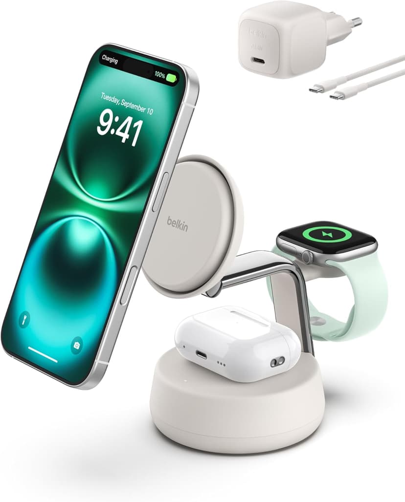 Belkin UltraCharge Pro 3 en 1 Chargeur Induction Qi2 25W, Station de Charge pour iPhone 17, iPhone Air, Apple Watch, AirPods, Pixelsnap, Compatible avec MagSafe avec Ventilateur, Chargeur 45W - Beige - 1