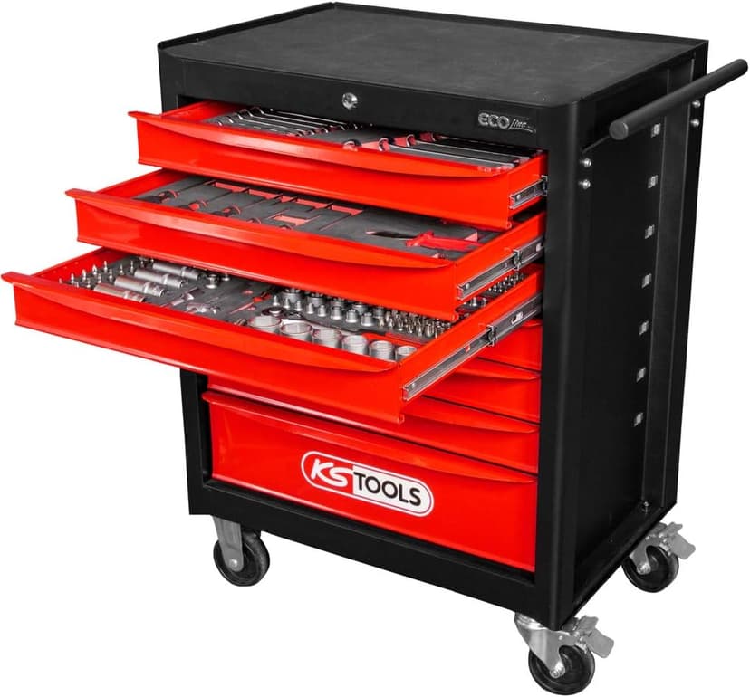 KS TOOLS Noir/Rouge Servante d'atelier Ecoline 7 tiroirs, équipée de 215 Outils, Acier allié, 748 x 1014 x 459 mm - 1