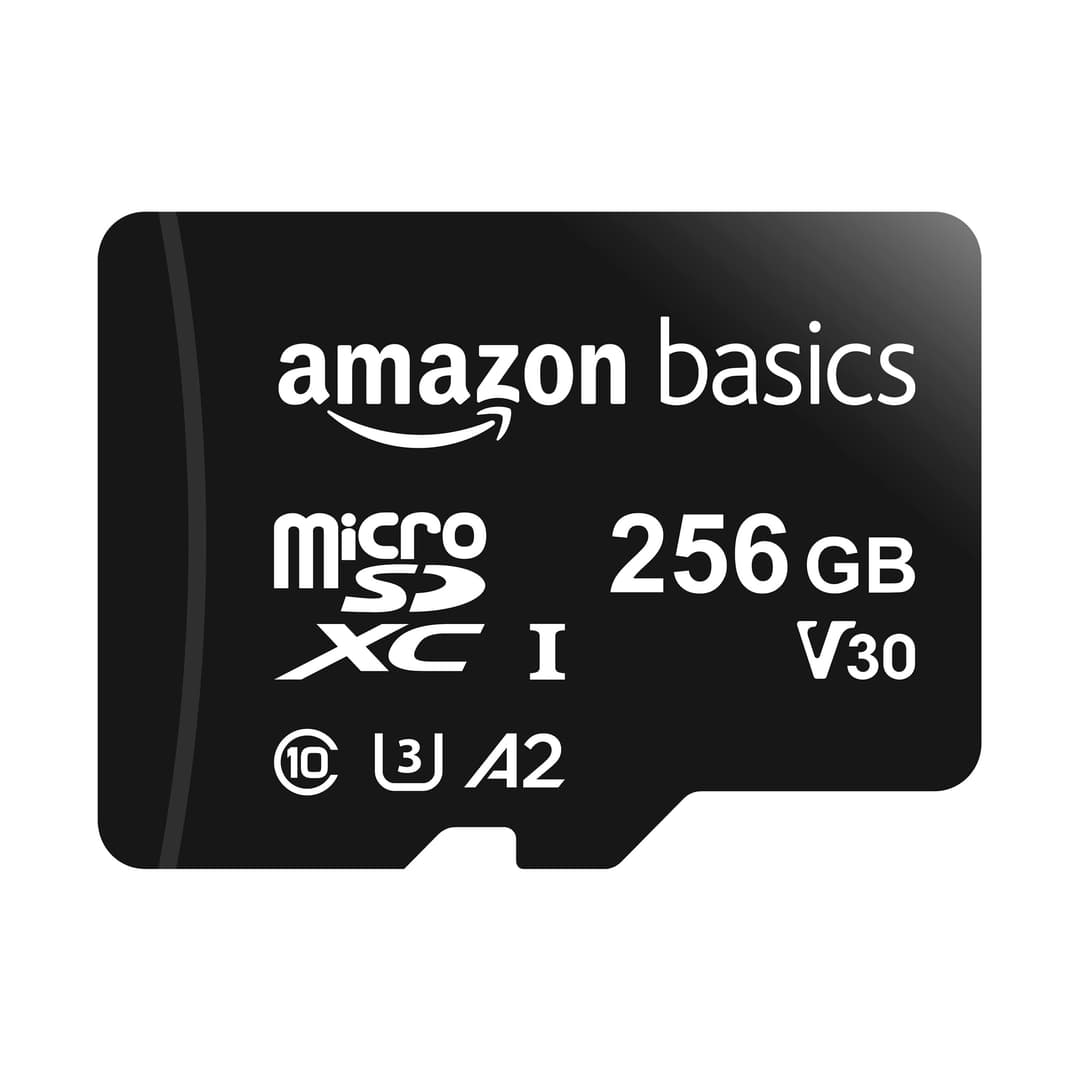 Amazon Basics Carte Mémoire microSDXC avec Adaptateur Grande Taille, A2, U3, Vitesse de Lecture Jusqu’à 100Mbit/s, 256Go, Noir