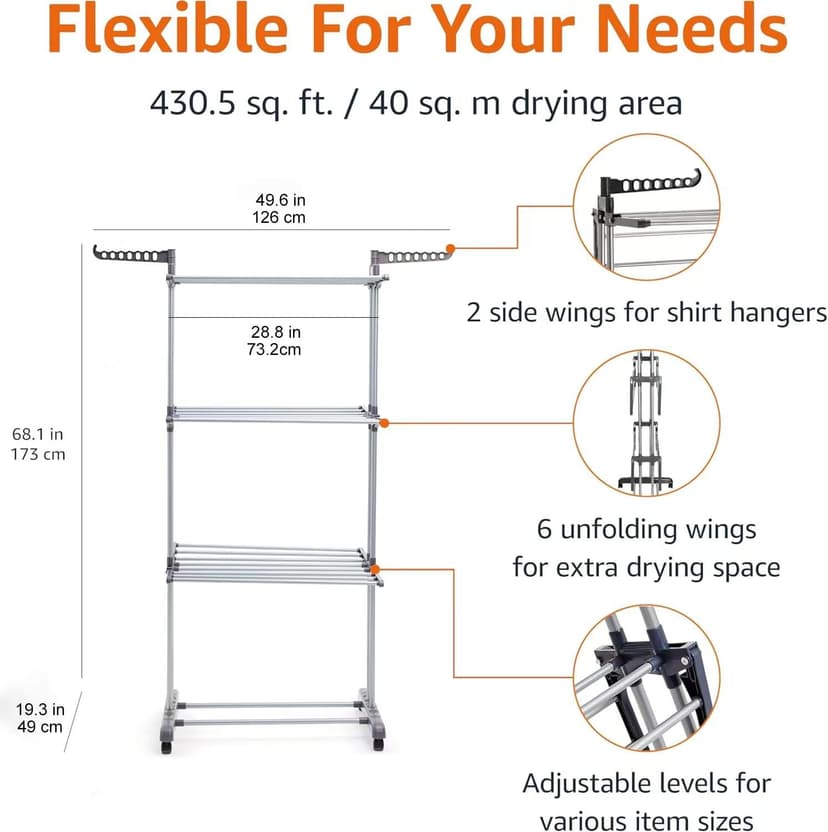 Amazon Basics Clothes Airer, 4-Tier Adjustable Drying Rack with 6 Foldable Wings, 126cm x 64cm x 173cm for Indoor Laundry, Silver - 2