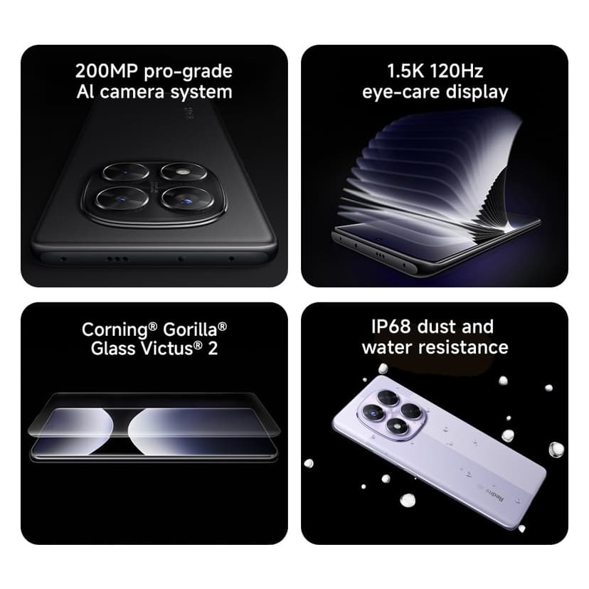XIAOMI Redmi Note 14 Pro 5G smartphone, 12+512GB, Black, 200MP pro-grade AI camera, IP68, 45W turbo charging with 5110mAh battery, AI features (charger not included) - 5