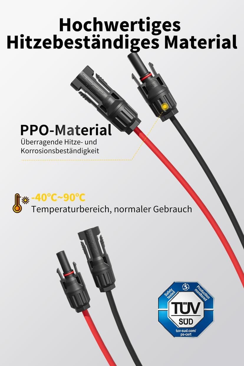 Solar Cable 4 mm²/6 mm², Solar Cable Extension 1/2/3/5/10/15/20 m, Multi-Contact 4 Solar Cable, IP67 Waterproof, Solar Cable Extension Cable - 6