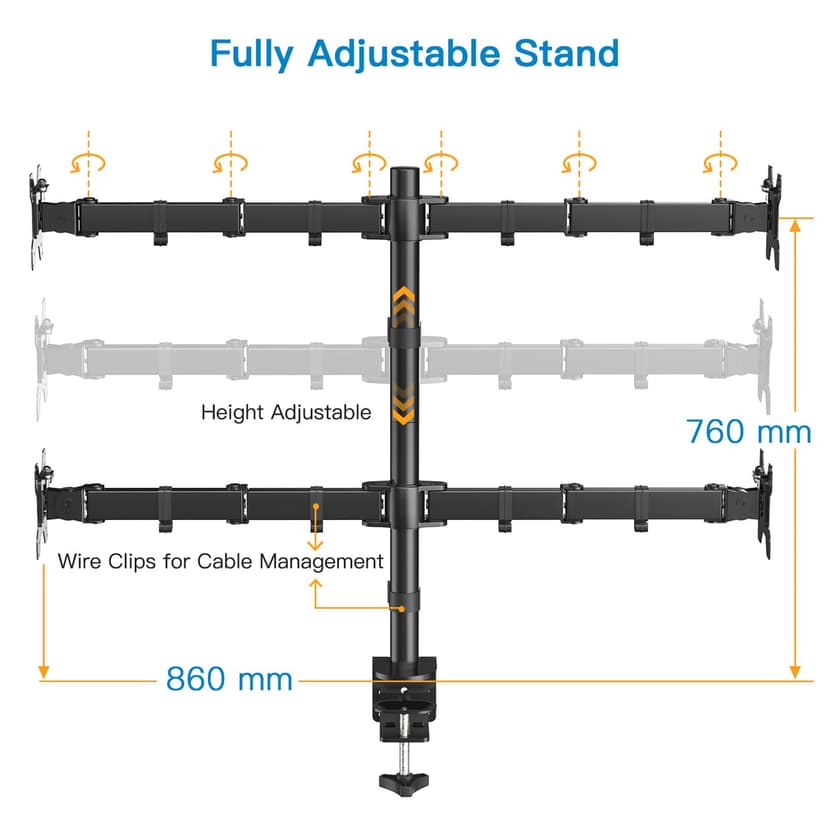 HUANUO Quad Computer Monitor Mount - Heavy Duty LCD Computer 4 Monitor Stand with Full Articulation, Fits Four Screens up to 27 Inches - Each Arm Holds up to 10kg, VESA 75x75-100x100mm Gaming - 4