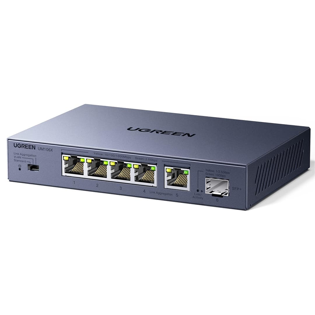 UGREEN Switch Ethernet 5 Ports Ethernet 2.5G 1 Port SFP+ 10G Switch RJ45 Boitier Métal 4KV Protection Contre la Foudre Multiprise RJ45 Montage Mural Agrégation de Liens Compatible avec PC Nas Caméra