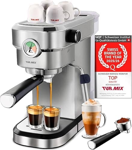 Turmix TX 590 espresso machine – stainless steel portafilter machine, 20 bar coffee machine with milk frother, 17 cm wide, 1350W, 1.1L water tank, heated cup tray