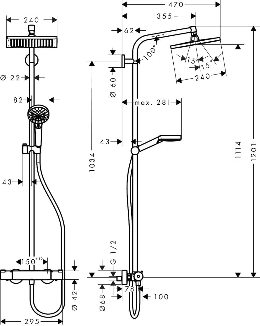 hansgrohe Crometta E - Colonne de douche économie d'eau (EcoSmart) avec mitigeur thermostatique, douche pluie (240 x 240mm), douchette, support, flexible, barre et douche de tête, Chromé, 27281000 - 6