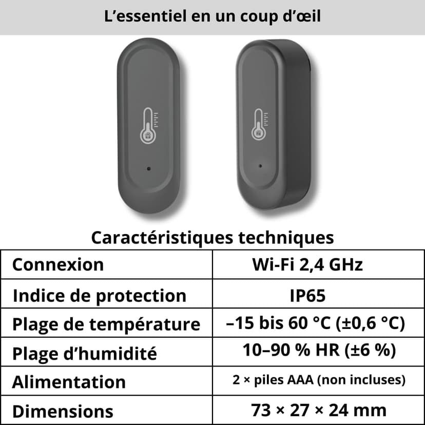 Sone Smart One Capteur Température Humidité WiFi 2.4GHz IP65 Extérieur Intérieur Noir - Thermomètre Hygromètre Connecté Tuya Smart Life - Sans Passerelle - Piles Non Incluses - 8