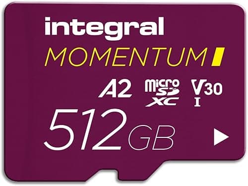 Integral Momentum I 512 Go Carte microSDXC, 210 Mo/s en Lecture, 180 Mo/s en écriture, V30, U3, A2, pour 4K/5K UHD sur GoPro, Drones DJI, caméras Sport et 360°, étanche, Antichoc