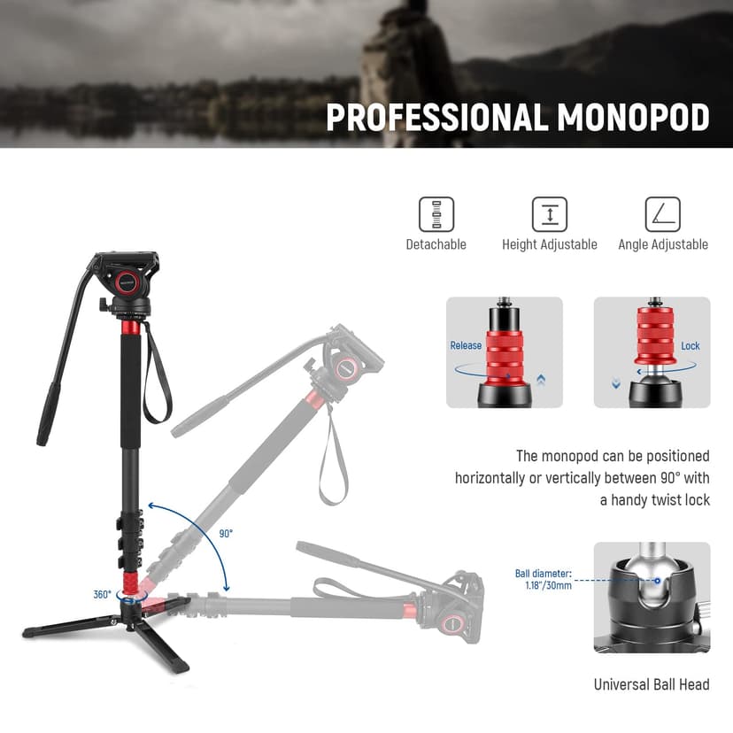 NEEWER 71.6 Inch Pro Camera Monopod Telescopic Carbon Fiber Monopod with Quick Release Plate Compatible with DJI RS Gimbals, Removable Base for Camera Camcorder, Maximum Load 6kg, TP71 - 2